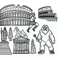 A black and white coloring page of  simple, Roman coliseums and gladiators and yeti.