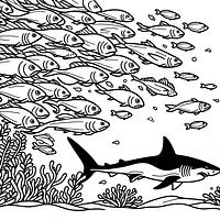A black and white coloring page of  simple, Shark chasing a group of fish.