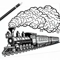 A black and white coloring page of  simple, Steam train with puffs of smoke.
