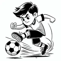A black and white coloring page of  simple, Boy playing soccer.