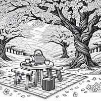 A black and white coloring page of  simple, April cherry blossom viewing .