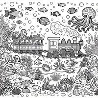 A black and white coloring page of  simple, Underwater train filled with sea creatures.