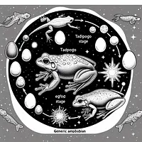 A black and white coloring page of  simple, Amphibian life cycles and Red Dwarf.