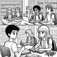 A black and white coloring page of  simple, Teens studying at the library.