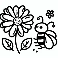 A black and white coloring page of  simple, Flower with a bee.