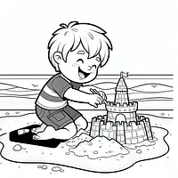 A black and white coloring page of  simple, Boy building a sand castle.