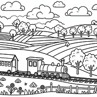A black and white coloring page of  simple, Train chugging through the countryside.