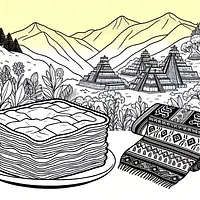 A black and white coloring page of  simple, Lasagna and Incan ruins and textiles.