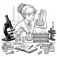 A black and white coloring page of  simple, Teen doing a science experiment .