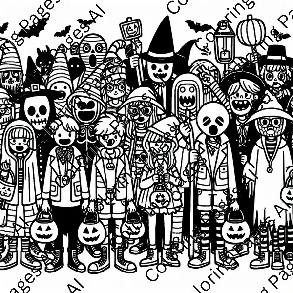 Trick Or Treaters On Halloween Night Coloring Page Coloring Pages AI