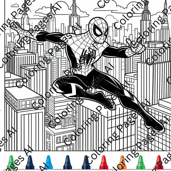Spiderman Swinging From Buildings Coloring Page - Coloring Pages AI