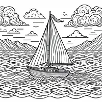 A black and white coloring page of  simple, Boat sailing in the ocean.