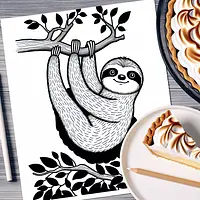 A black and white coloring page of  simple, Sloth and Lemon meringue pie.